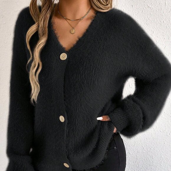 Black Casual Women's Long Sleeve V-Neck Cardigan - Picture 1 of 7
